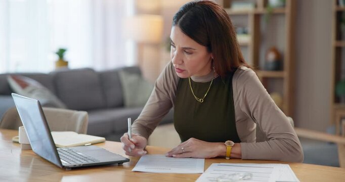 Woman, writing and laptop in home for application, planning and contract review for job opportunity. Female person, tech and documents in living room for insurance form, petition and sign information