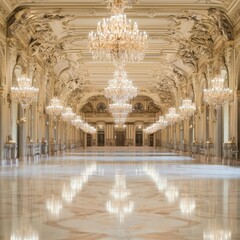 Fototapeta premium Grand Hall Interior With Ornate Chandeliers and Marble Floor