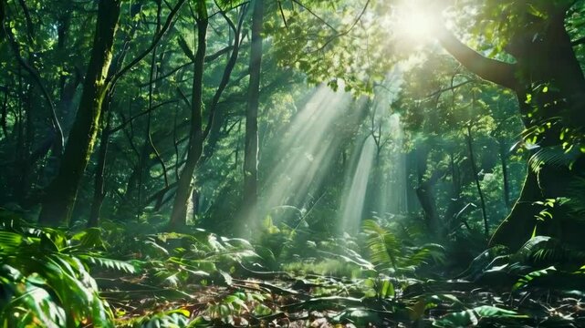 Sunbeams Through a Lush Forest. Stunning 4K Ultra HD Footage - Perfect for Professional Projects