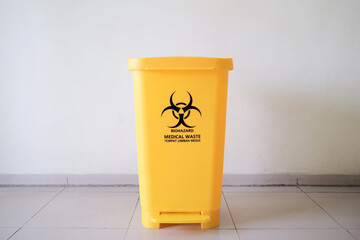 Medical waste bin. Biohazard contaminated waste sign trash garbage bin.