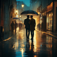 Obraz premium Couple Walking Under Umbrella in Misty Night - Impressionist Urban Scene