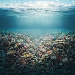 Fototapeta premium Underwater Coral Reef Seascape with Sunbeams