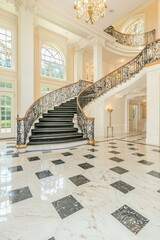 Elegant Marble Staircase with Wrought Iron Railing in Luxurious Home Interior