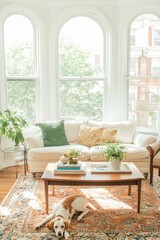 Fototapeta premium Dog Relaxing on Persian Rug in Sunny Living Room with Arched Windows