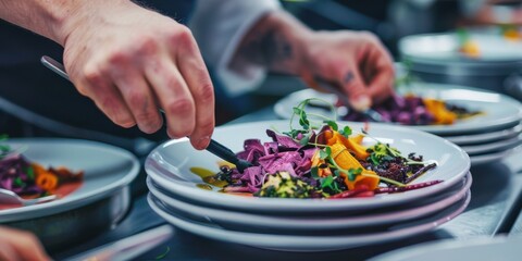  a chef meticulously plating a colorful and artistic vegan dish