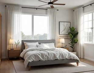 Stylish and Cozy Bedroom Interior with Large Windows and Modern Decor Elements for Home Design Inspiration