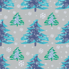 Christmas Winter Forest and Snowflakes Print. Vector