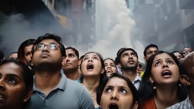 Crowd of people looking up the sky in awe and shocked