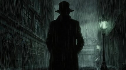 Mysterious Figure Walking in Rainy City Street at Night