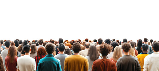 A large crowd of people standing closely together viewed from behind, with a diverse range of clothing and hairstyles visible against a transparent, isolated background