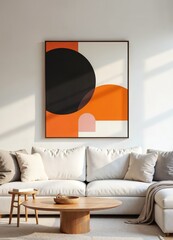 Modern Abstract Wall Art in a Cozy Living Room Setting with Soft Textiles and Natural Light