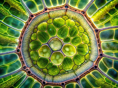 Macro view of a healthy plant's cross-section, showcasing intricate xylem and phloem tissues, cellulose fibers, and