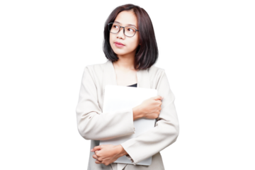 Asian Businesswoman thinking isolated transparent