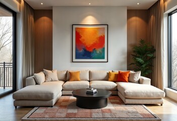 Stylish Living Room Interior Featuring Modern Design with Cozy Sofa and Artistic Wall Painting
