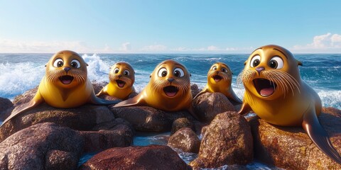 Animated baby seals on rocky shore surprised by ocean waves, illustrating adorable marine wildlife in a vivid, sunny coastal scene