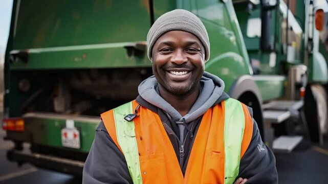 Sanitation worker smiling at near truck