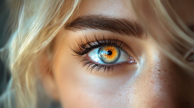 Gros plan artistique d'un &oelig;il avec une pupille dor&eacute;e, yeux bleu et marron d'une femme