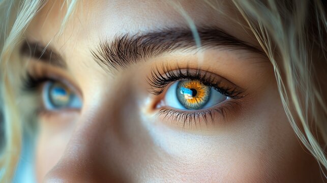 Gros plan artistique d'un &oelig;il avec une pupille dor&eacute;e, yeux bleu et marron d'une femme