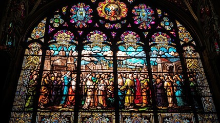 All Saints Day  Biblical Scenes Detailed stained glass window depicting a biblical scene, with vibrant colors and intricate designs, illuminated by sunlight, sacred and artistic
