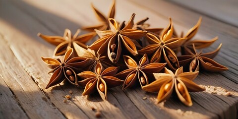 Fototapeta premium A close-up of whole star anise pods scattered on a rustic wooden surface. AI generated