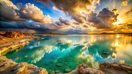 Fototapeta premium breathtaking hypersaline lake panoramic views majestic rocky shores misty morning atmosphere vibrant turquoise waters warm golden light intense stormy clouds dramatic composition