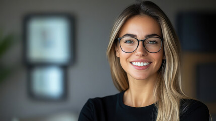 Fototapeta premium Portrait of a confident, smiling woman wearing glasses in a professional office environment, exuding positivity and approachability.
