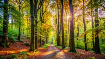 Majestic forest landscape featuring a serene woodland trail surrounded by towering trees, vibrant foliage, and a tranquil atmosphere in a protected nature preserve.