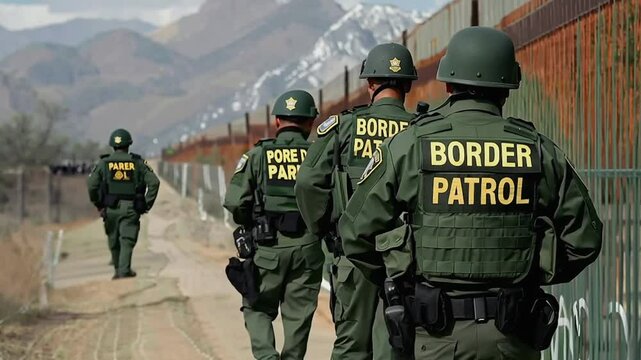 Border patrol officers walking at the border wall
