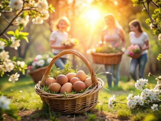 whimsical morning hunters capturing joyful eggspectations in rustic baskets amidst blooming flowers and soft focus sunlight