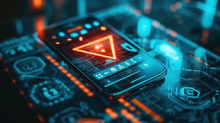 Close-up of a smartphone with an orange triangular icon and a futuristic interface.