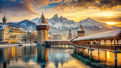 Fototapeta premium Whimsical winter wonderland scene of Lucerne's Chapel Bridge, frozen lake, snowy mountains, warm golden light, nostalgic mood, traditional Swiss architecture.