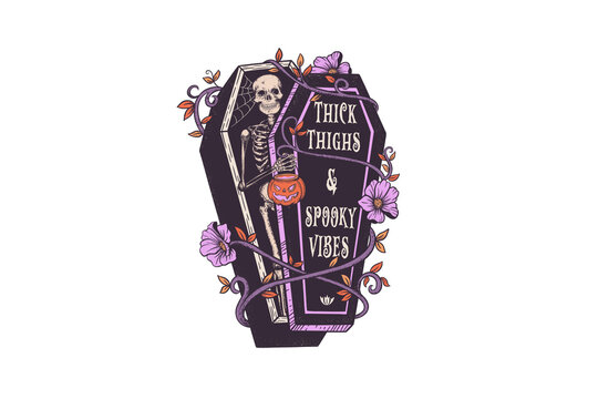 Thick thighs & spooky vibes, Skeleton Halloween PNG Sublimation design