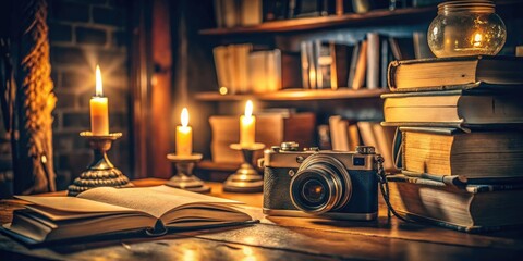 midnight oil burning solo study session dimly lit cozy room warm soft glow retro camera old books nostalgic academic rigor