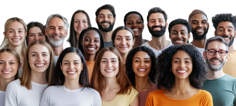 A crowd of diverse smiling people standing closely together, facing the camera, against a transparent, isolated background