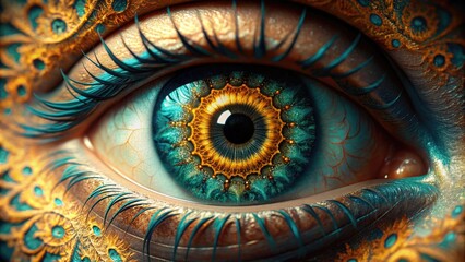 Macro shot of a human eye with intricate iris patterns resembling a mandala in shades of turquoise and orange on a warm golden light