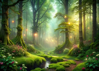 Whimsical Enchanted Forest Morning Fog Soft Diffused Light Misty Atmosphere Rich Greens Earthy Tones Dreamlike Quality Magical Realism Fantasy World