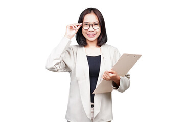 Asian Businesswoman with clipboard isolated transparent