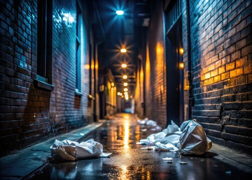 crumpled receipts isolated dark alleyway dimly lit fear loneliness urban decay financial stress desperation last resort lonely city night