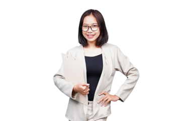 Asian Businesswoman with clipboard isolated transparent