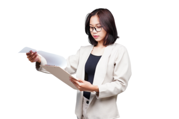 Asian Businesswoman with clipboard isolated transparent