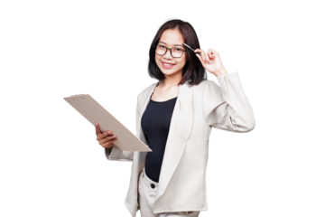 Asian Businesswoman with clipboard isolated transparent