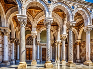 Majestic marble columns support ornate arches and intricately carved stone facades of a grand, historic building,
