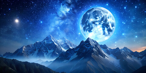 Ethereal Moonlit Mountains: Majestic Peaks Under Starry Night Sky