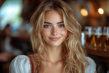 A beautiful girl in traditional Bavarian costume holding beer glasses, celebrating Oktoberfest in a lively tavern bar setting