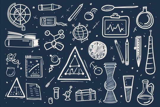 Back to School illustration background with school themed doodles written on a blue chalkboard.