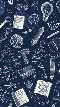 Vertical Back to School illustration background with school themed doodles written on a blue chalkboard.