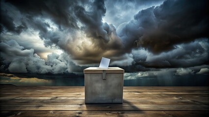stormy cloudy election day ominous mood dark clouds looming ballot box old wooden table abandoned