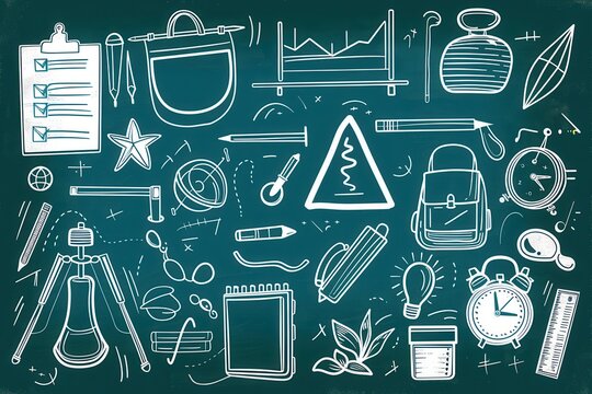 "Back to School" background with school-themed doodles on a green chalkboard..