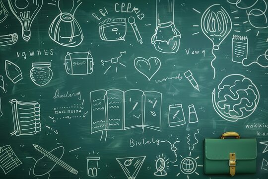 Green chalkboard filled with school-related doodles, creating a "Back to School" illustration..