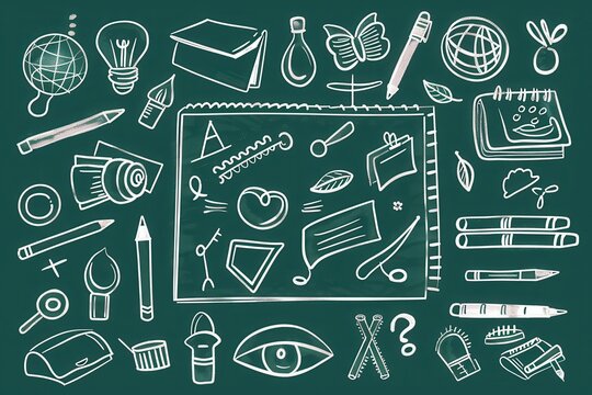 Illustration background with school-themed doodles drawn on a green chalkboard, "Back to School" concept..